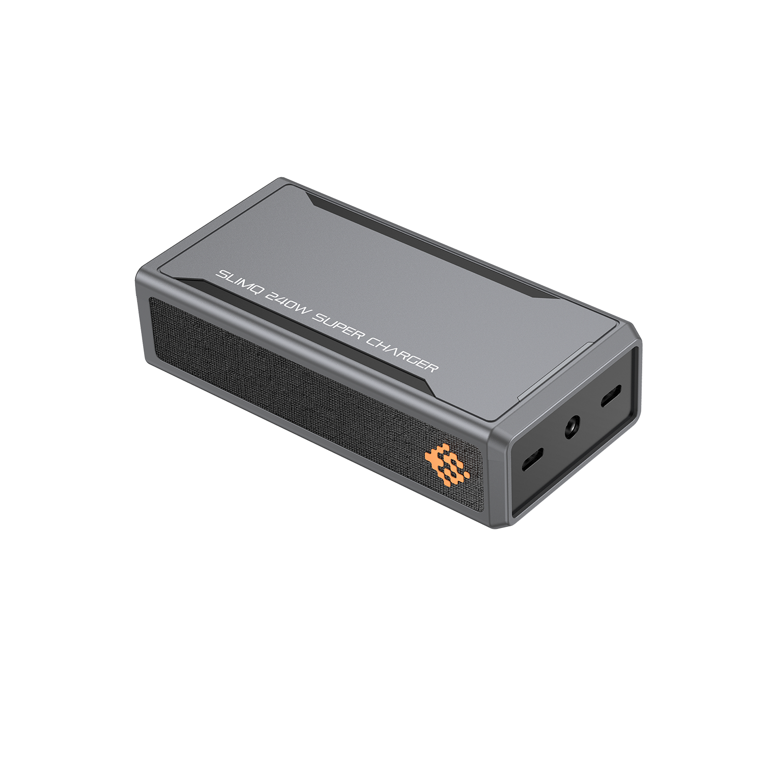 A black 240W USB C gaming laptop adapter with a three-prong design and a SlimQ logo on the front.